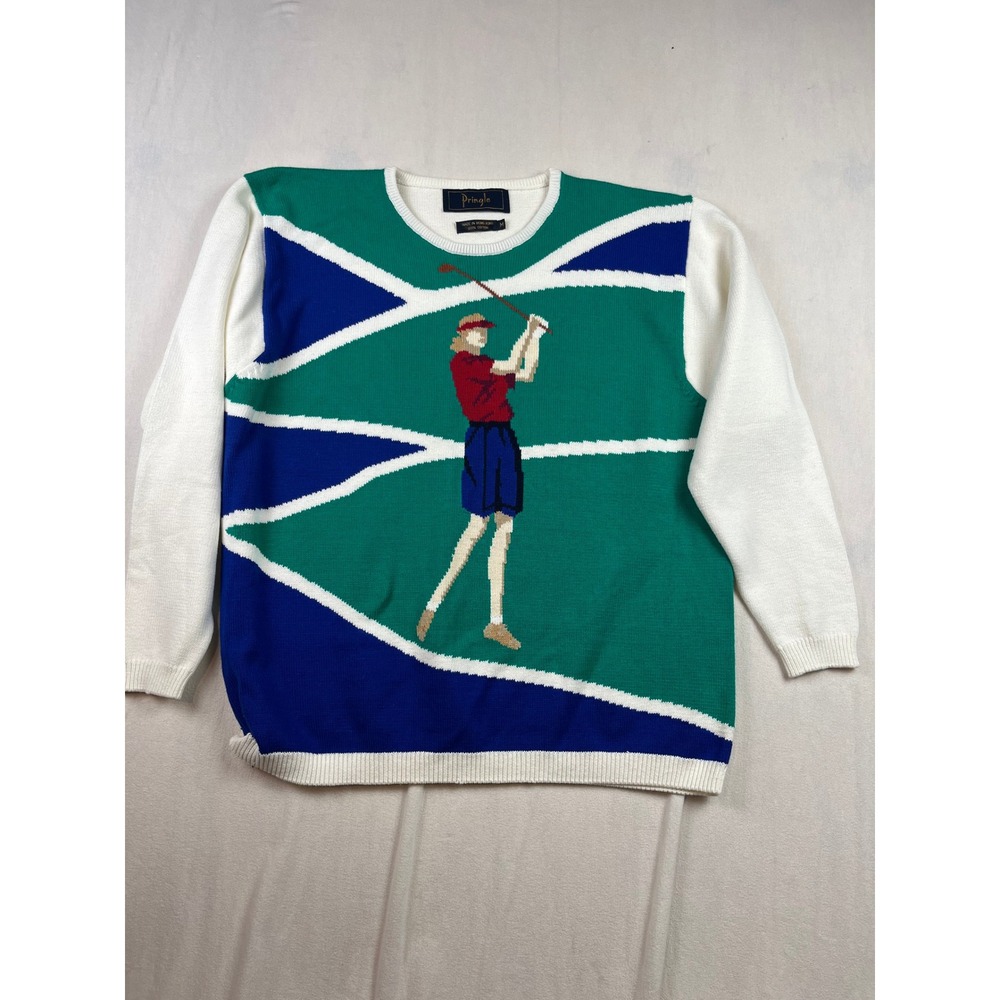 Pringle Vintage Golf Intarsia Knit Cotton Sweater Green Blue White Womens M